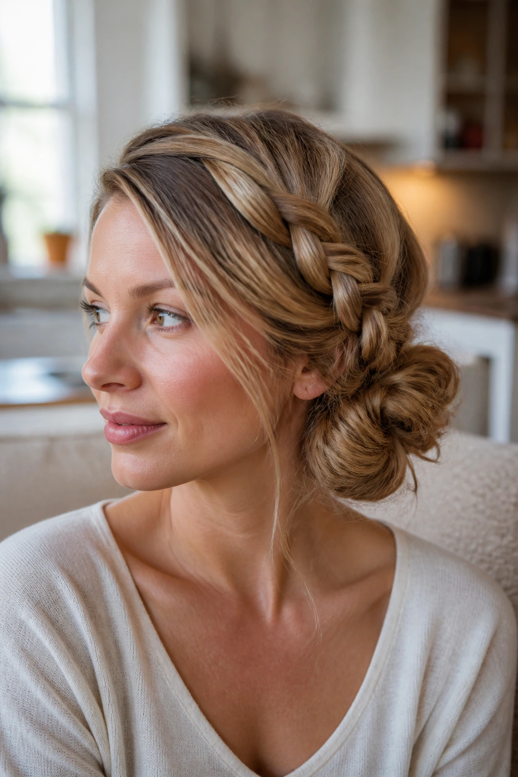 3/4 profile of a real woman with a side-swept braided bun