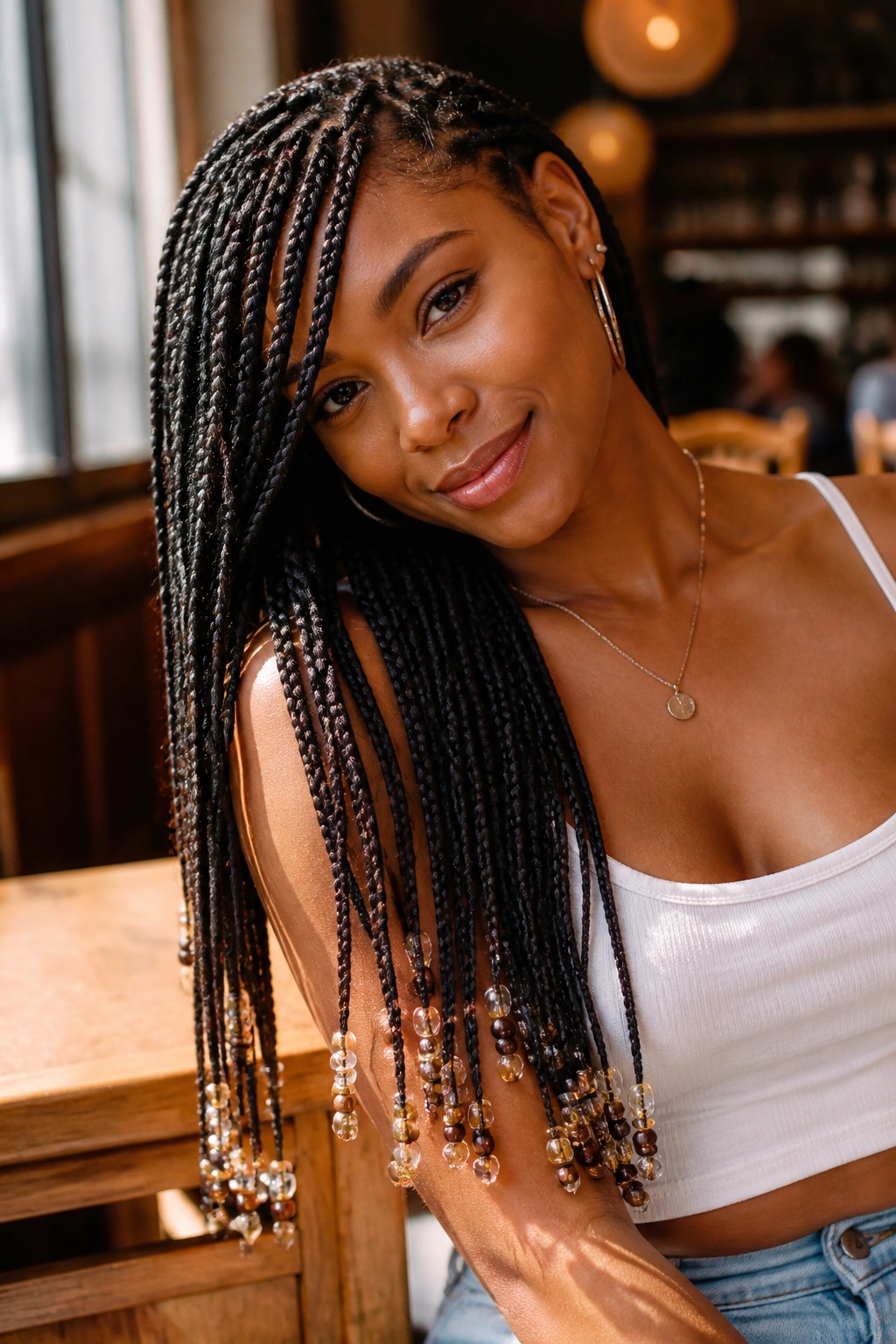 Side-swept braids with beaded ends on a real person
