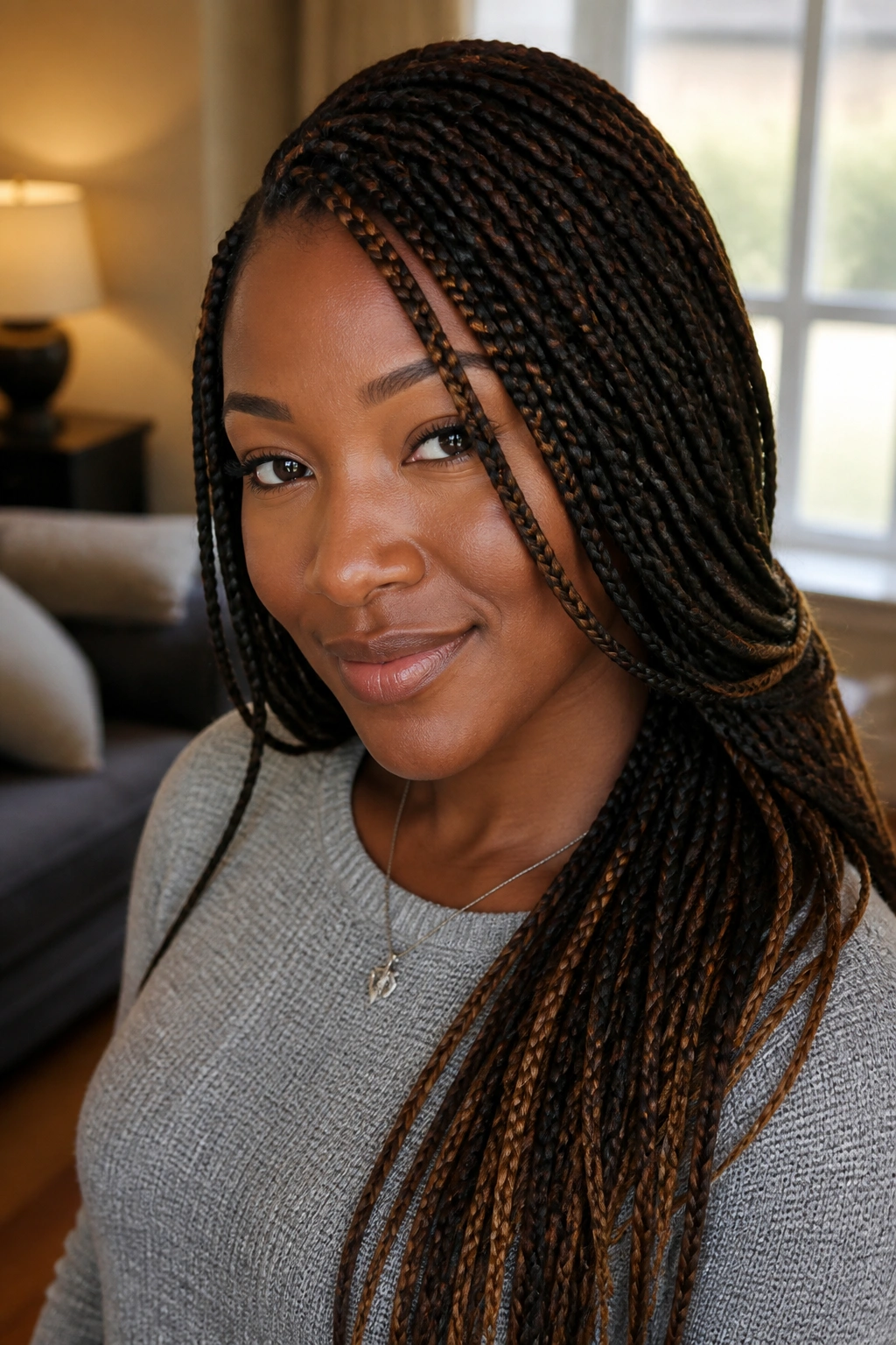 Real woman with side-swept braids framing the face in natural light.