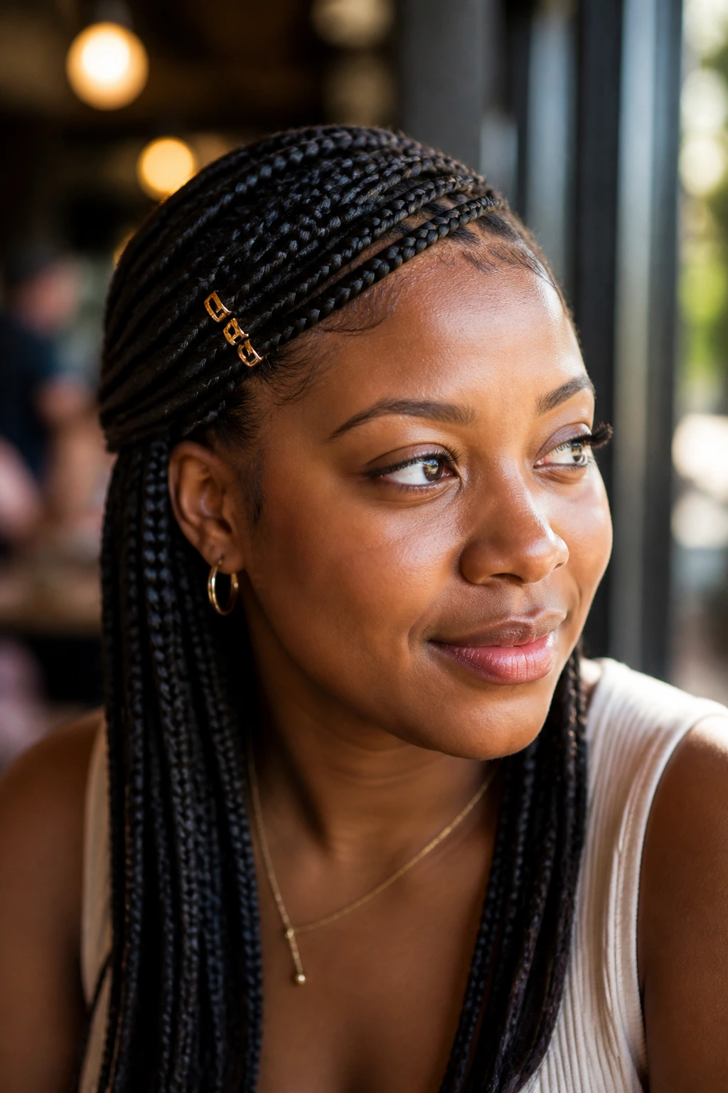 Close-up of a woman with side-swept front braids held by two tiny clips