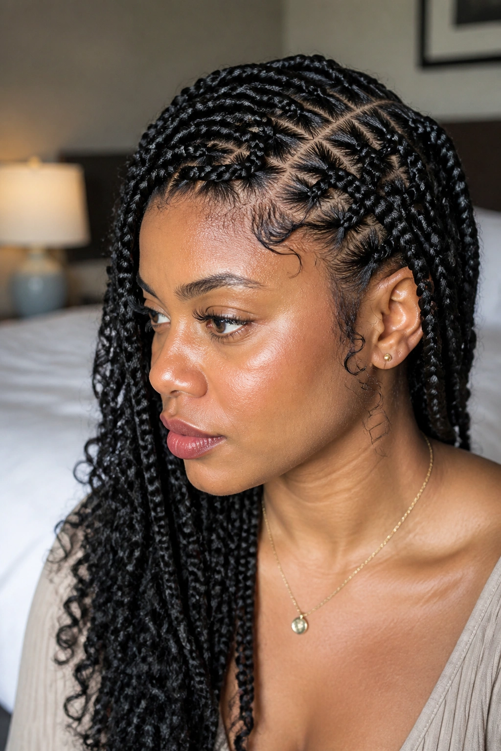 Close-up side profile of a real woman with Side-Swept Goddess Braids With a Deep Part