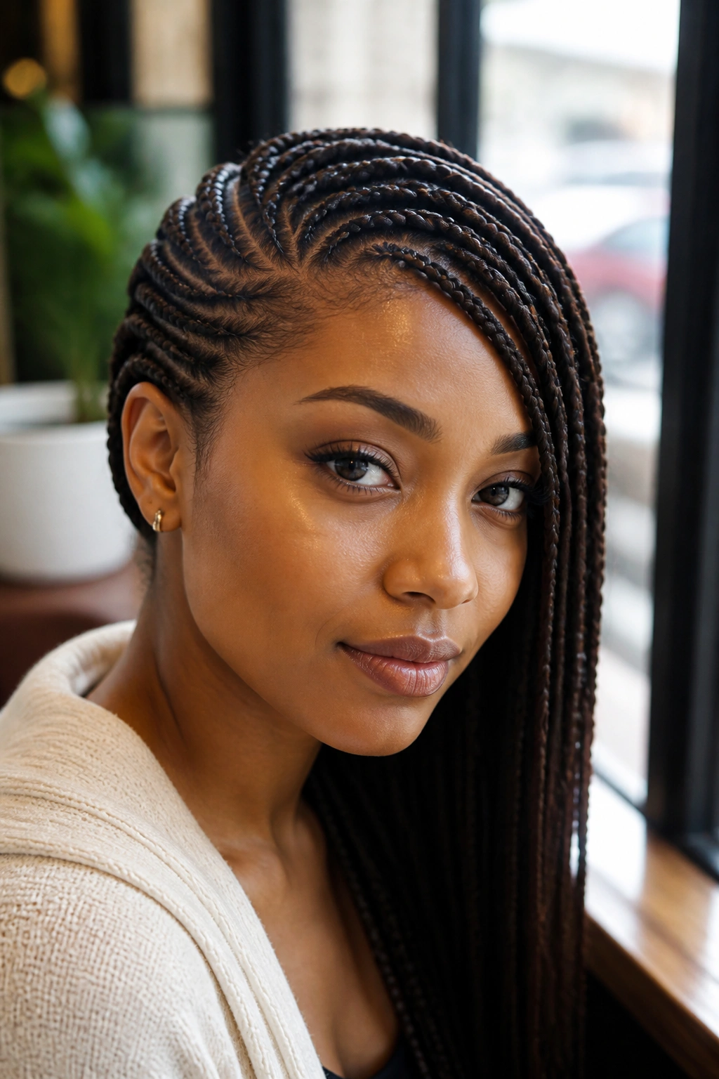 Real woman with deep side-part and side-swept braids
