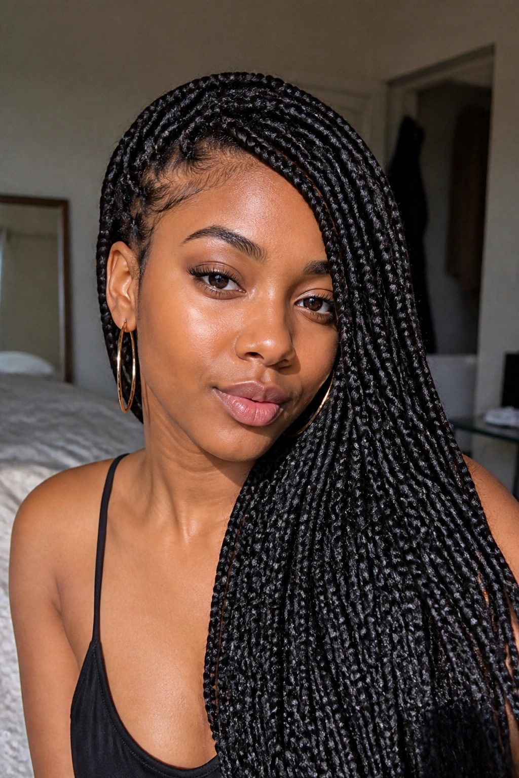 Close-up of a real woman with side-swept box braids cascading over one shoulder in warm bedroom light