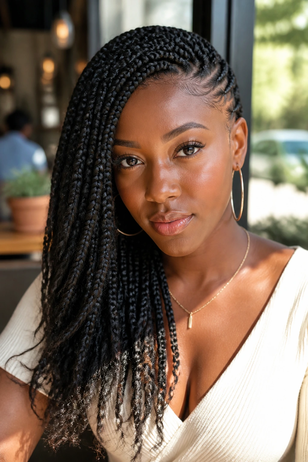 Close-up of a real woman with side-swept braids gathered to one side
