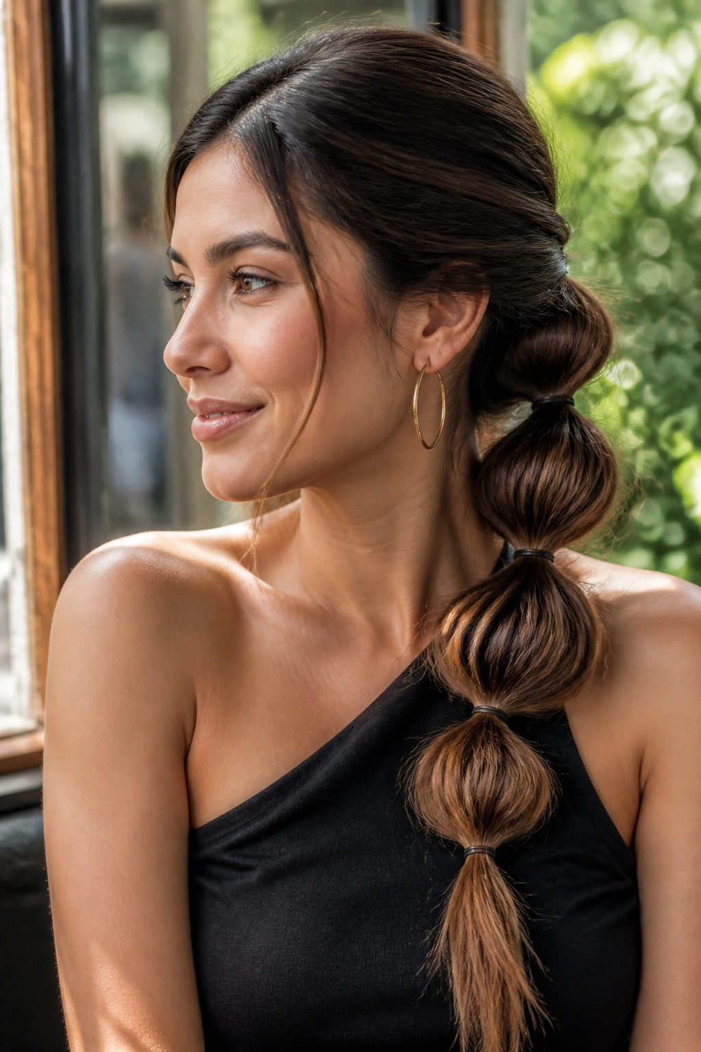 Close-up of a real woman with a side-swept bubble ponytail.
