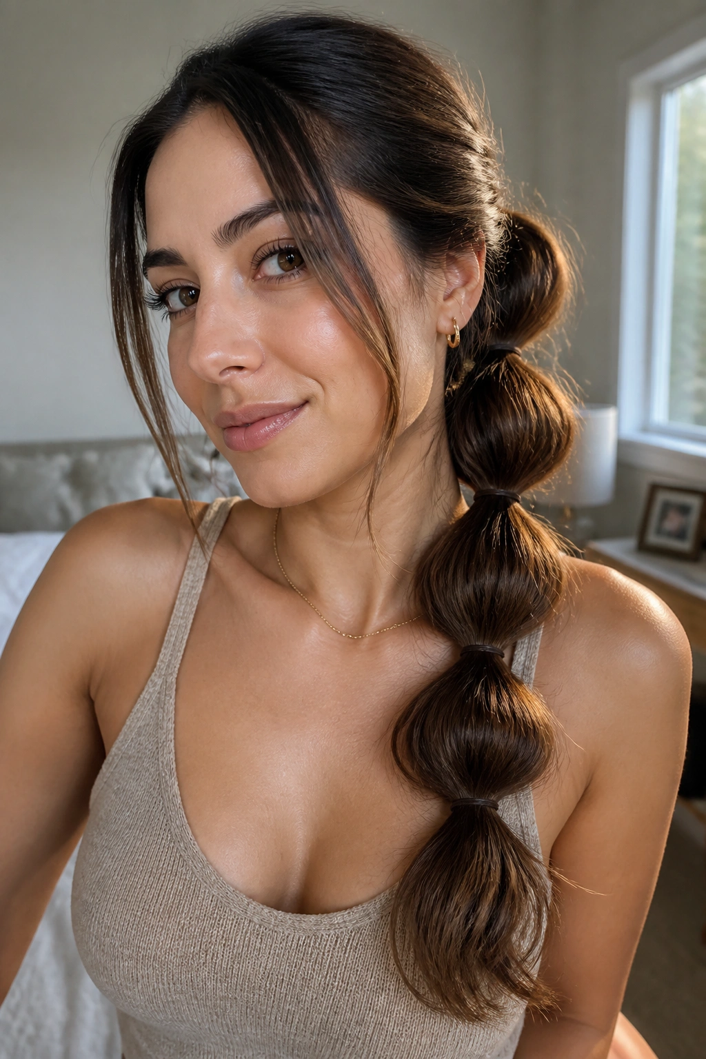Close-up of a real woman with a side-swept bubble ponytail cascading over one shoulder in soft bedroom light