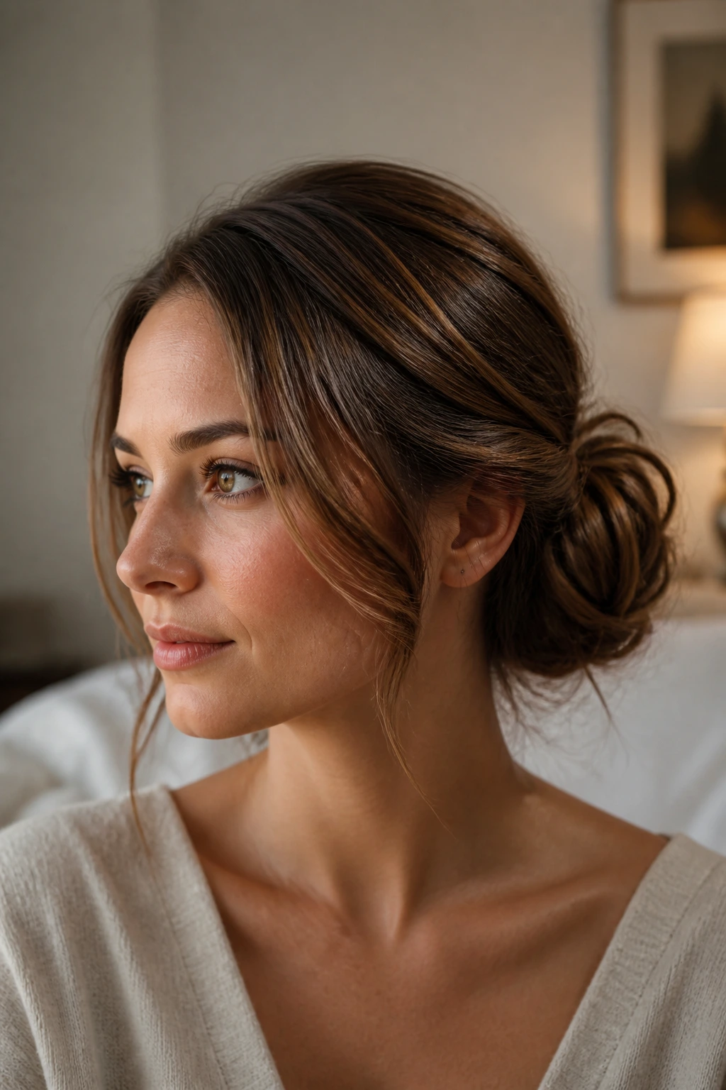 Close-up of real woman with side-swept bun behind one ear