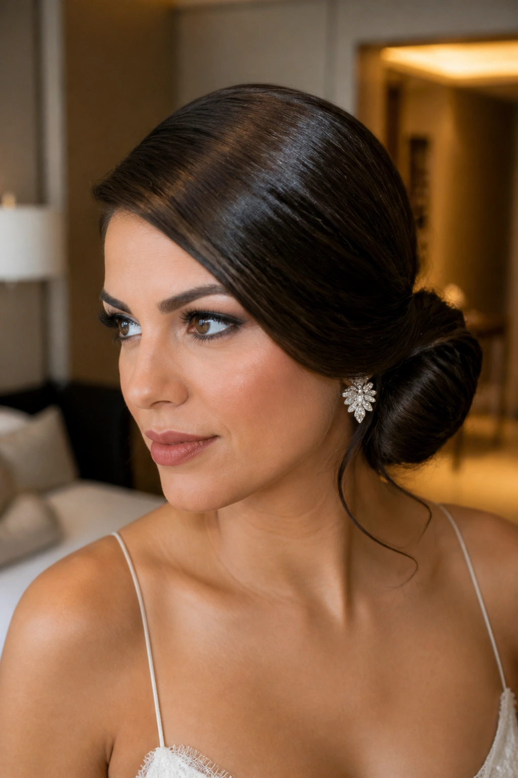 Close-up of a real woman with a side-swept low bun and a strong part.
