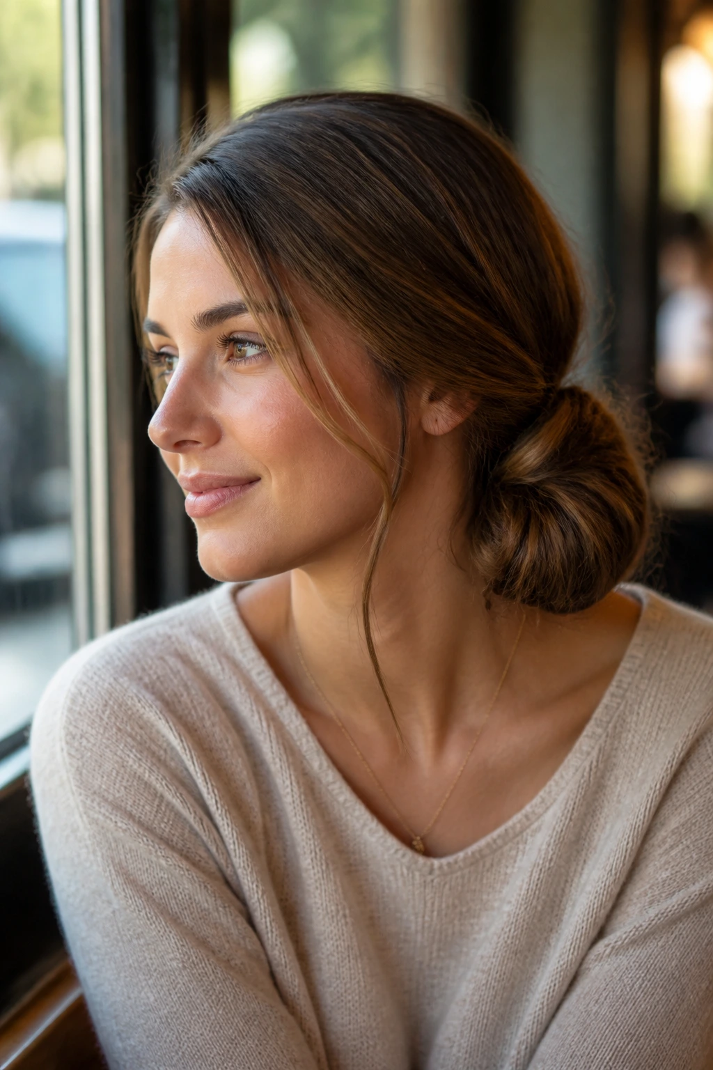 Close-up of real woman with side-swept bun off-center near jawline