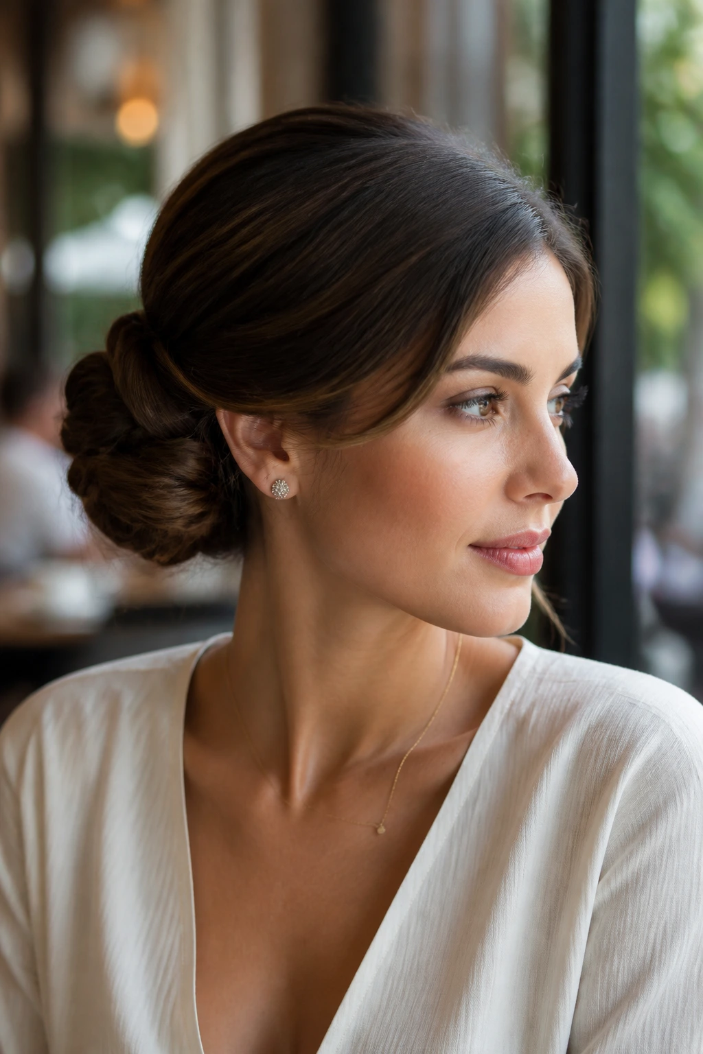 Close-up of a real woman with a side-swept bun in a cafe setting