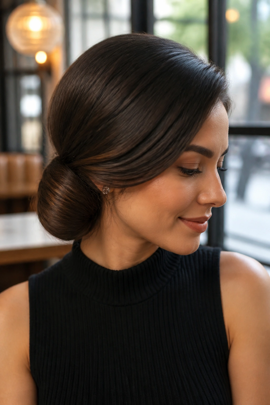 Close-up of a real woman with a side-swept sleek bun near the jawline under warm light