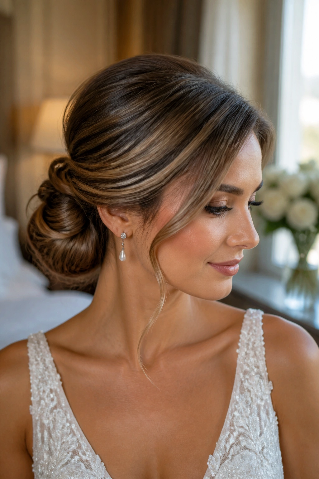 Close-up of real woman with side-swept chignon in bridal setting