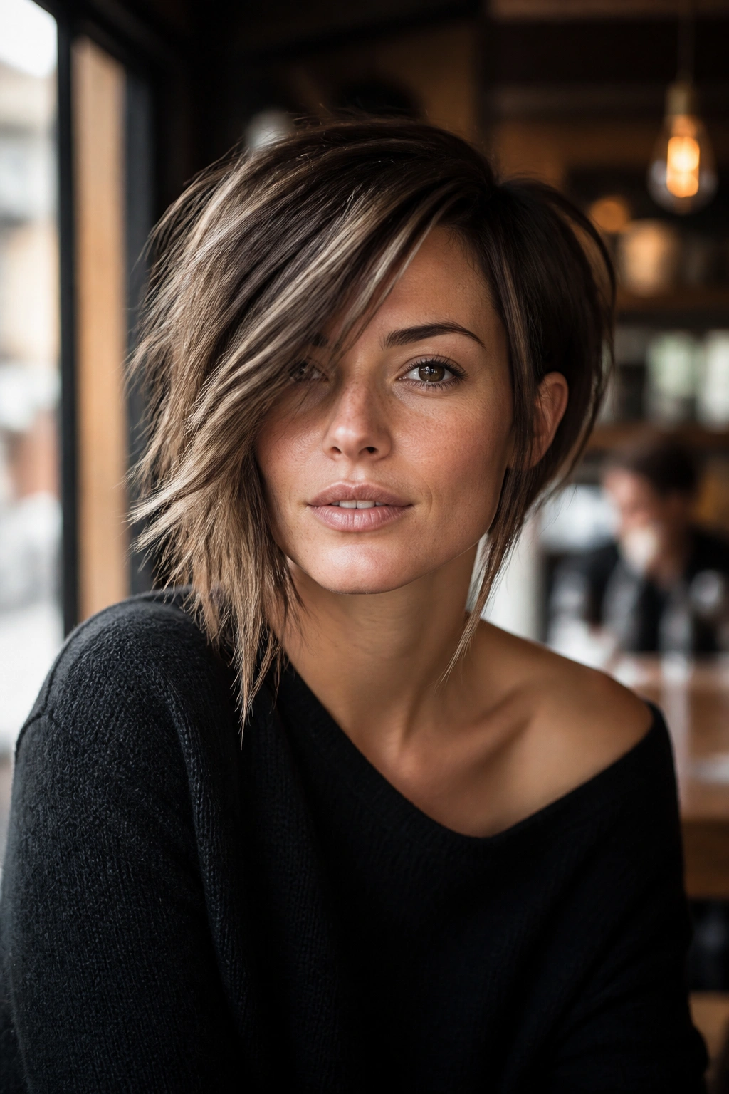Close-up of a real woman with a side-swept choppy bob featuring long face-framing pieces in a cafe