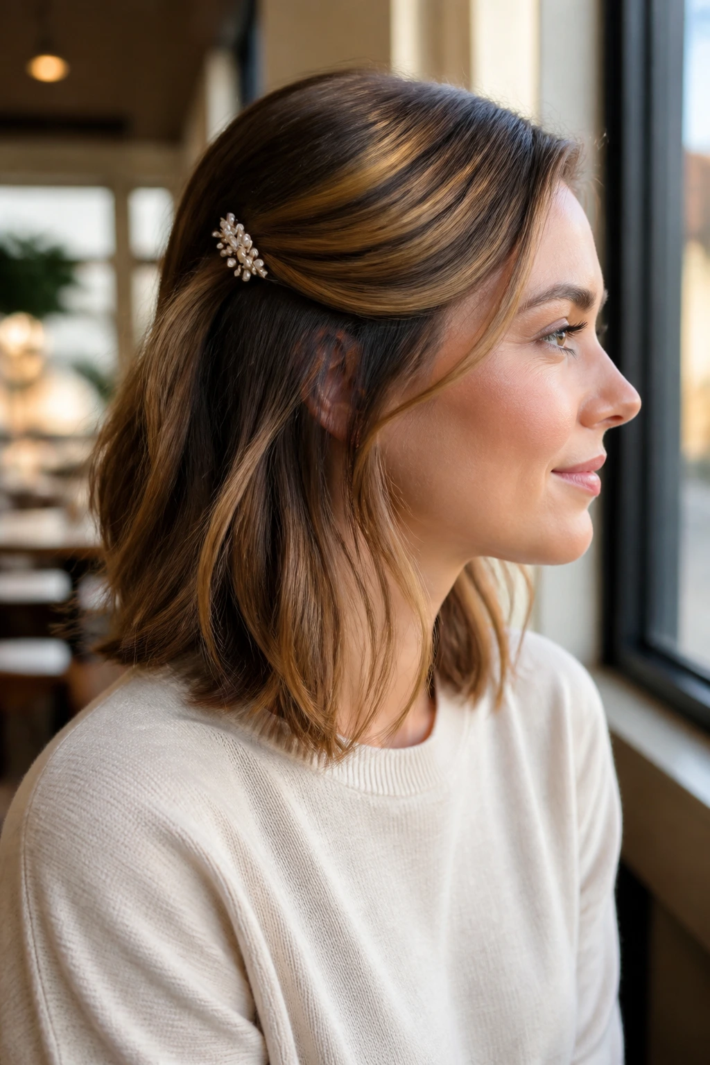 Close-up of a real woman with side-swept hair pinned by a clip