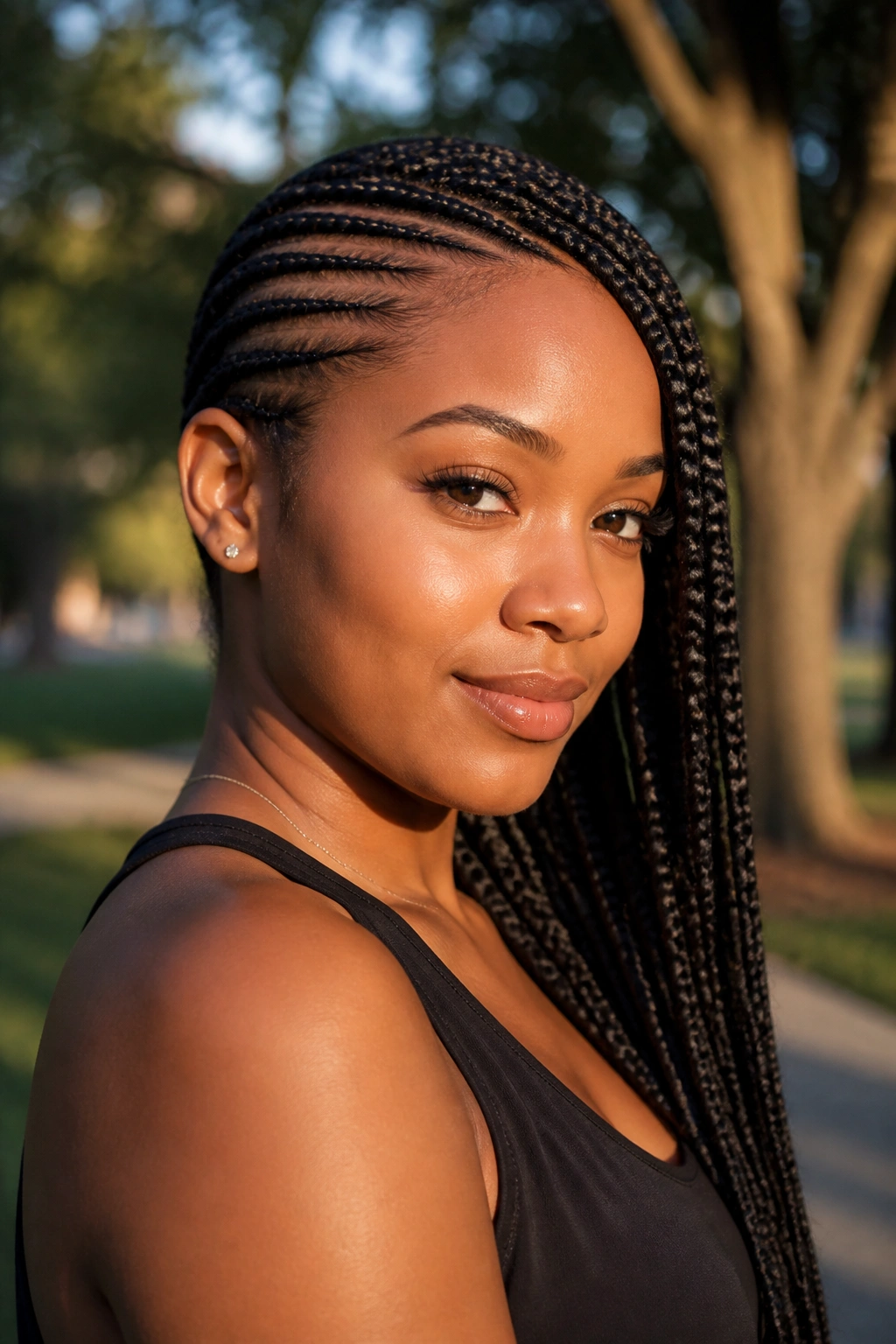Close-up portrait of a real woman with side-swept diagonal cornrows
