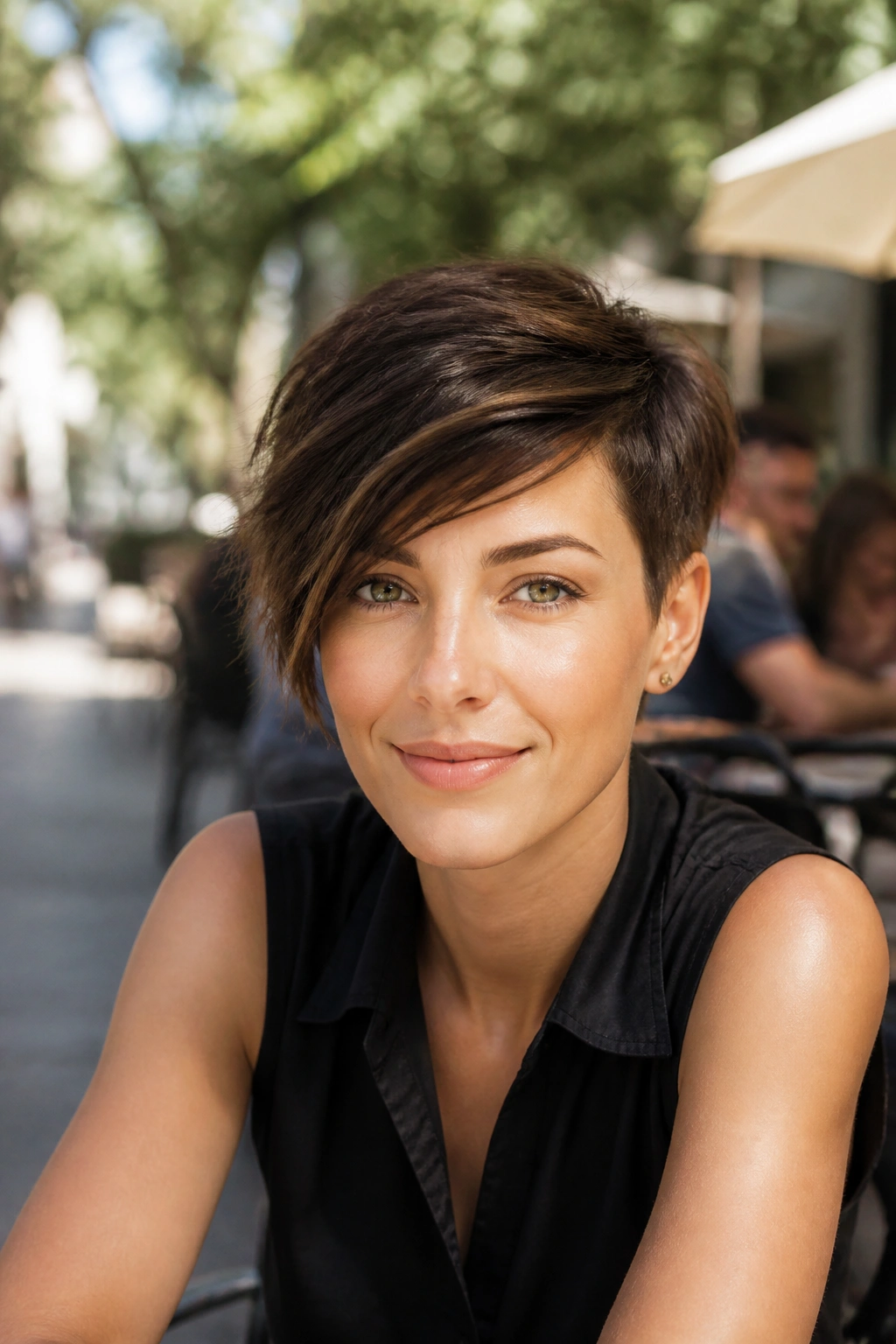 Real person with a side swept crop hairstyle outdoors
