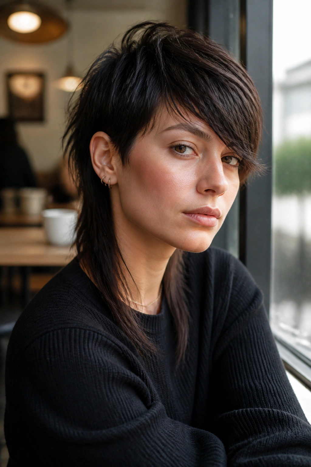 Real person with side-swept crop and long tail on straight hair