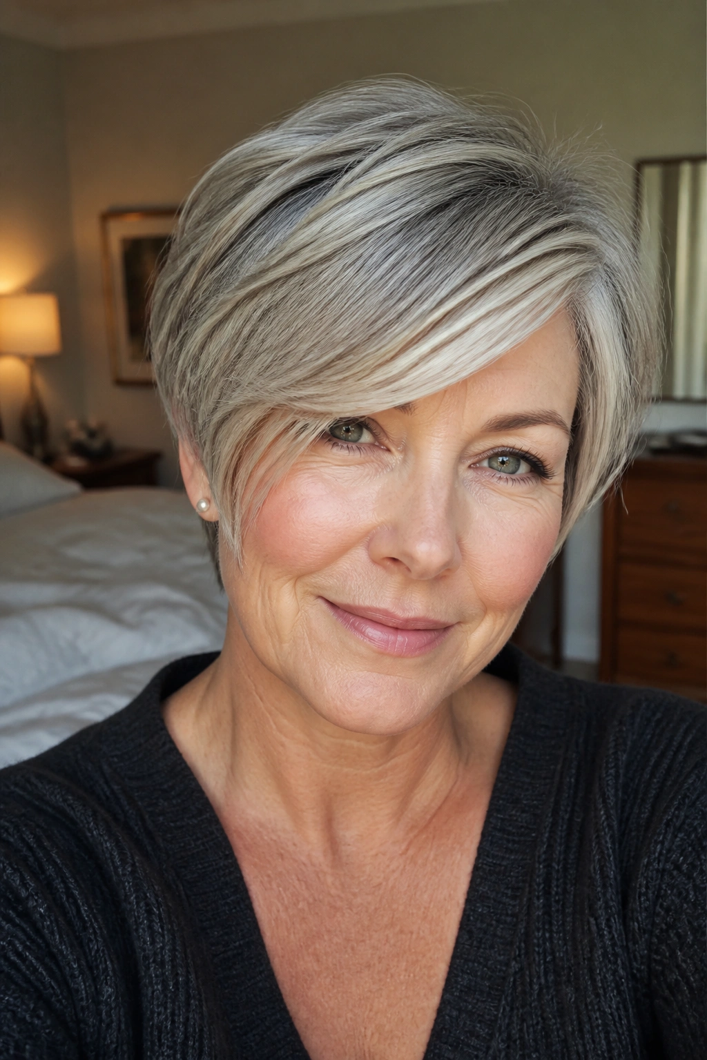 Close-up portrait of a real woman with a side-swept crop and fringe across the forehead