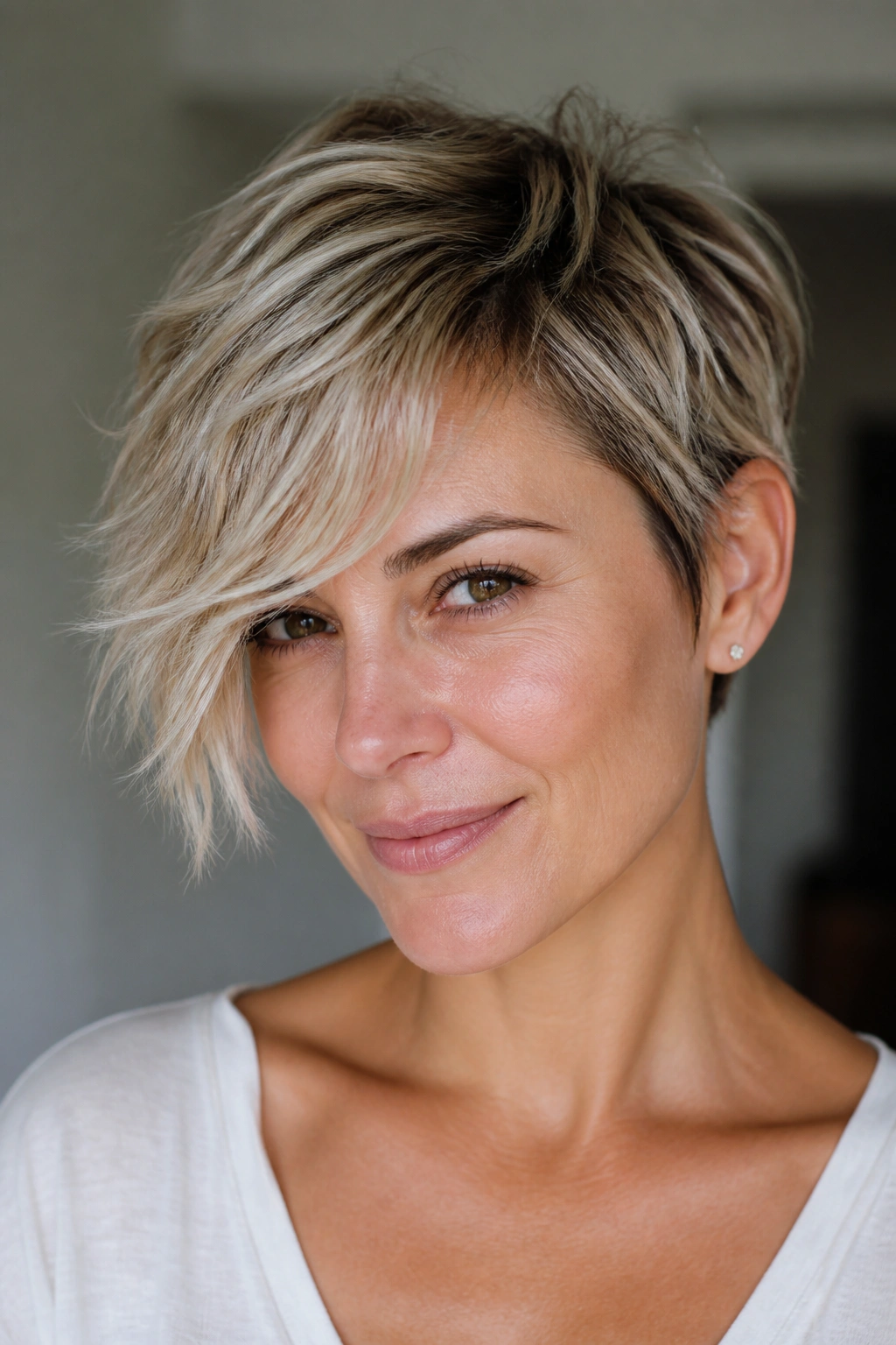 Portrait of a real woman with a side-swept crop and front sweep