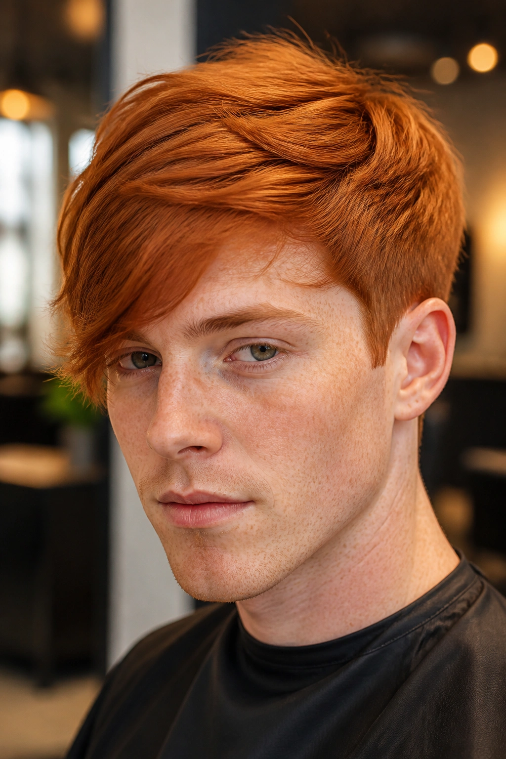 Close-up of a real person with a side-swept crop and longer top in copper-red hair under warm salon lighting