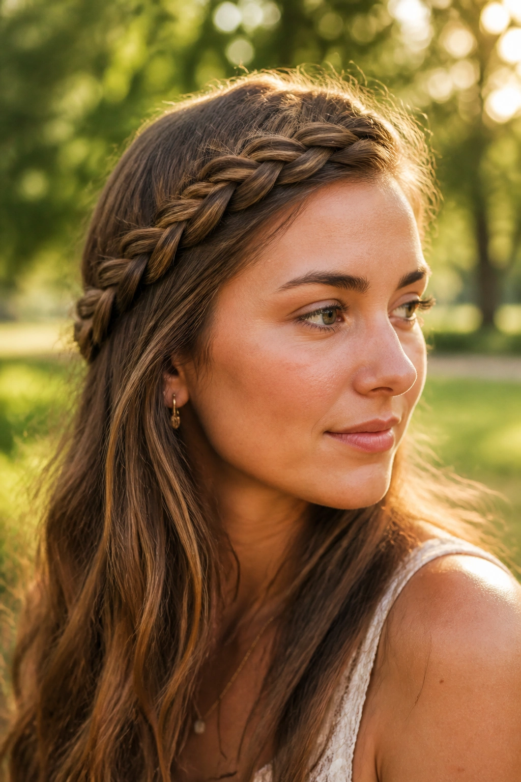 Close-up of a woman with a side-swept crown braid across the top of her head.