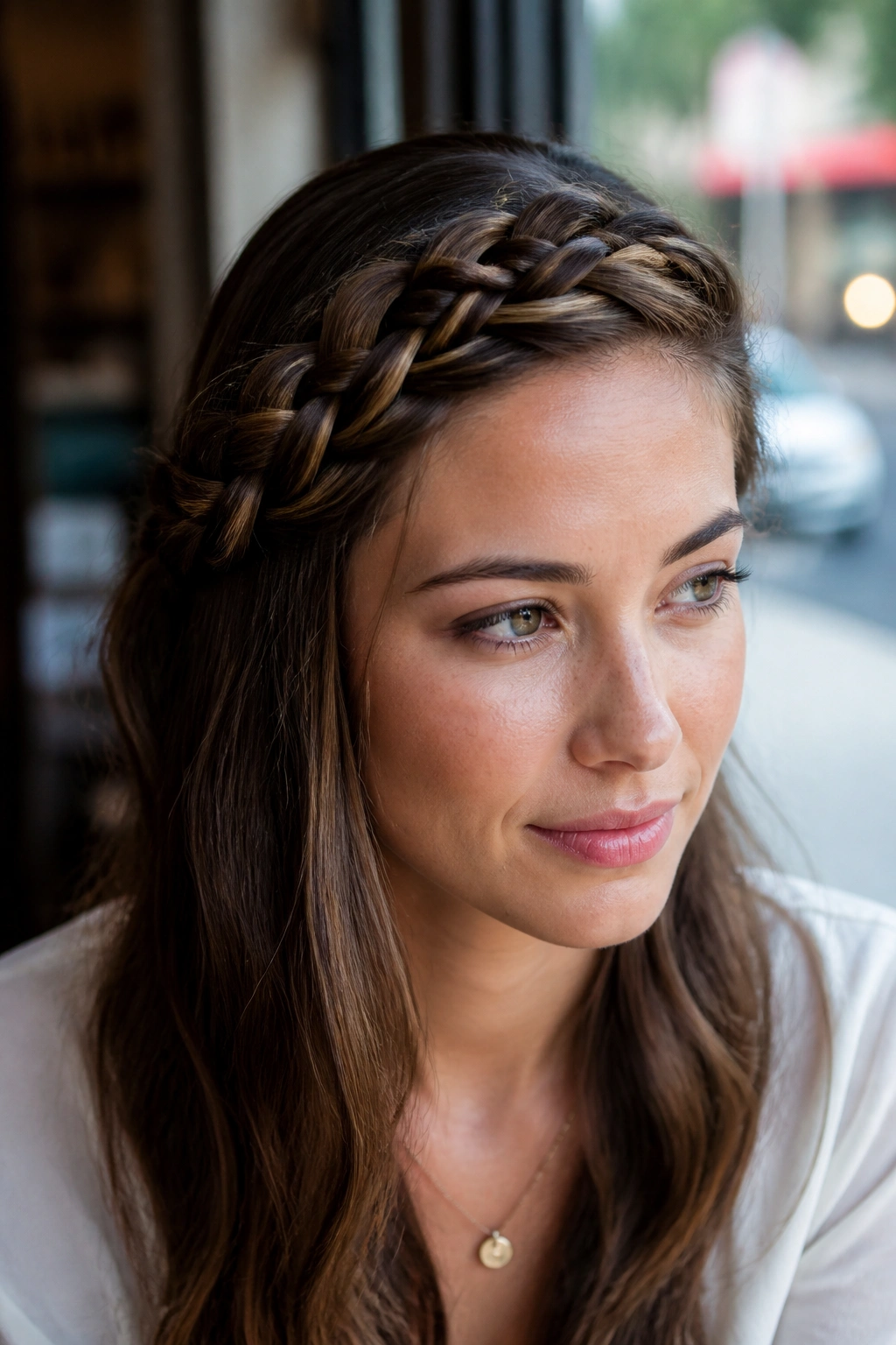 Portrait of a real woman with a side-swept crown braid in cafe-window light.