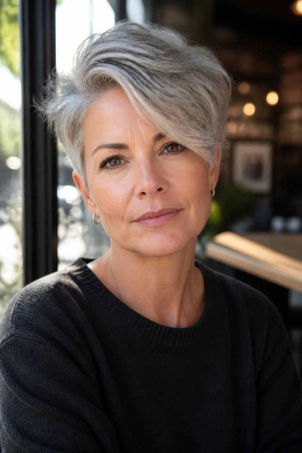 Close-up of gray-haired woman with side-swept crown-volume cut in cafe light.