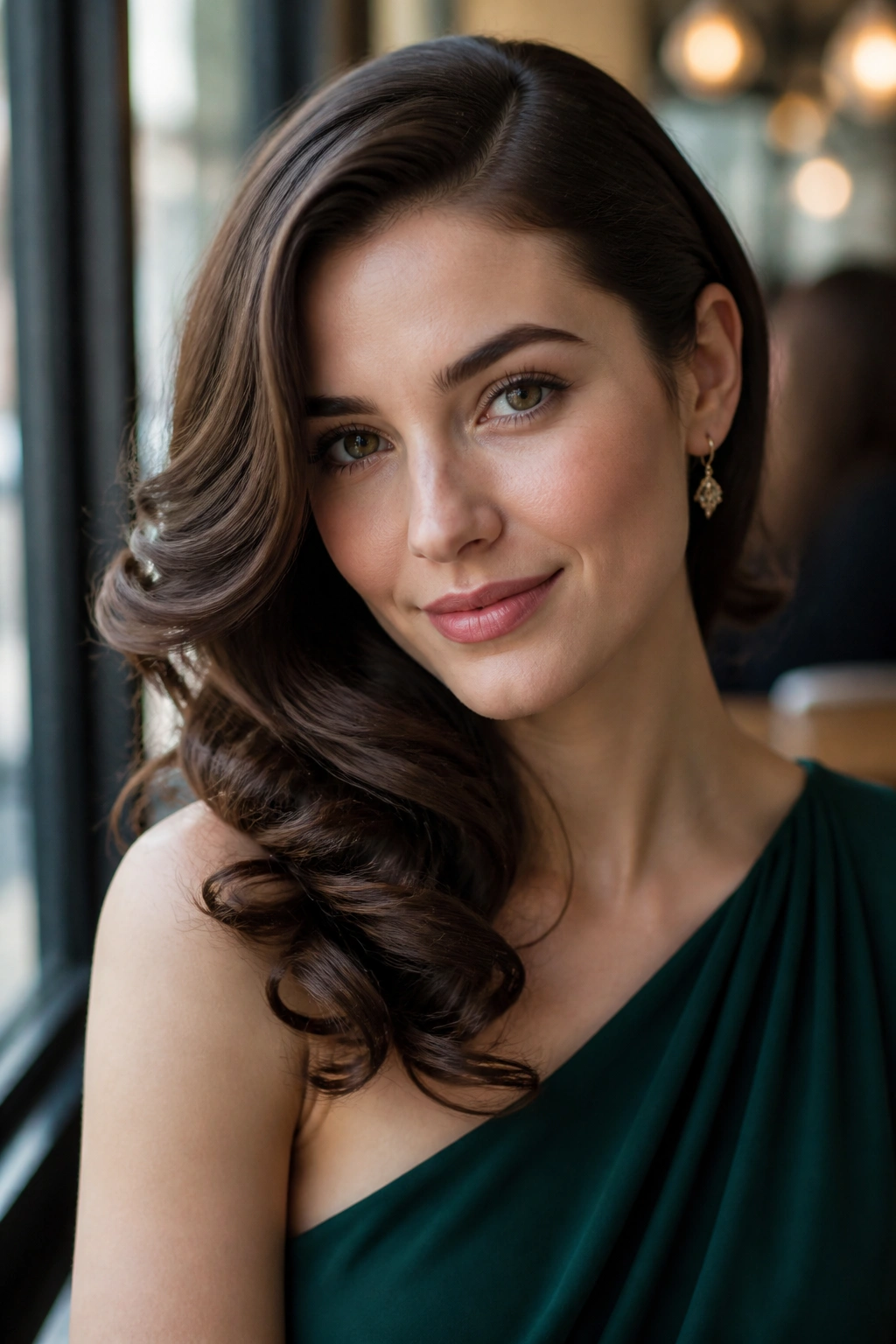 Close-up of a real woman with side-swept curls and a deep part in natural light
