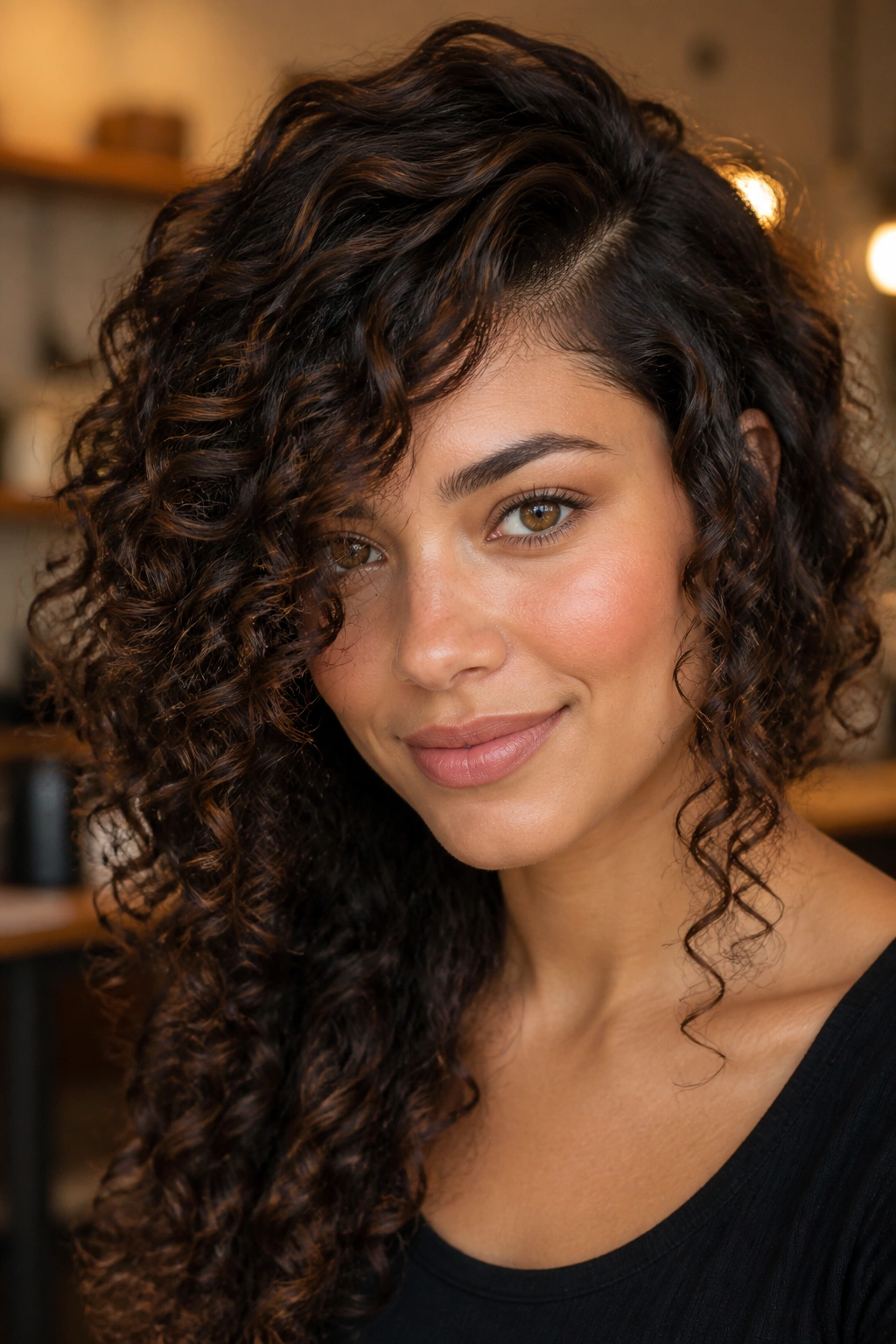 Close-up of a real woman with side-swept curl layers across her face