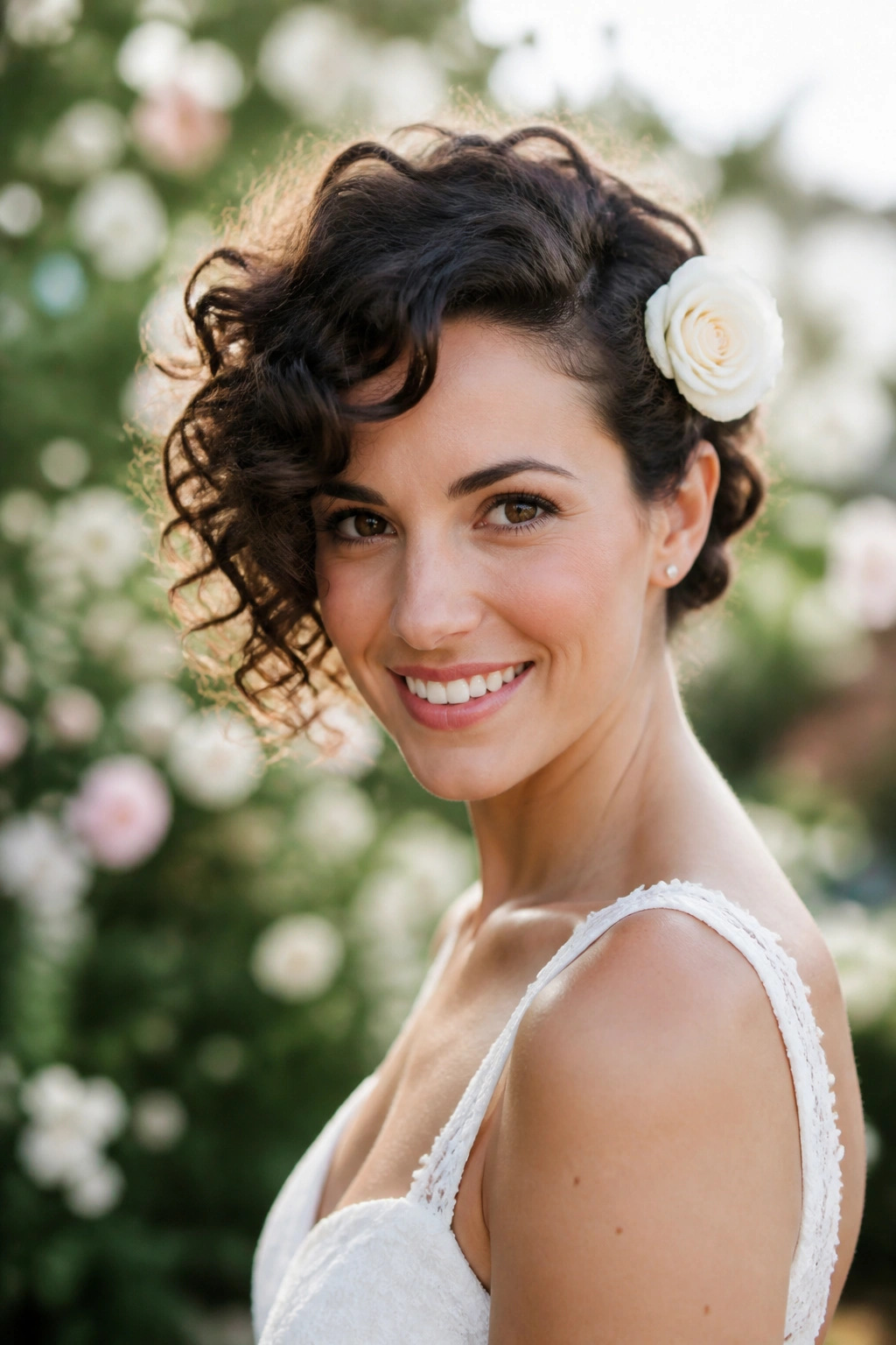 Close-up of side-swept curls with a single bloom pinned near the ear