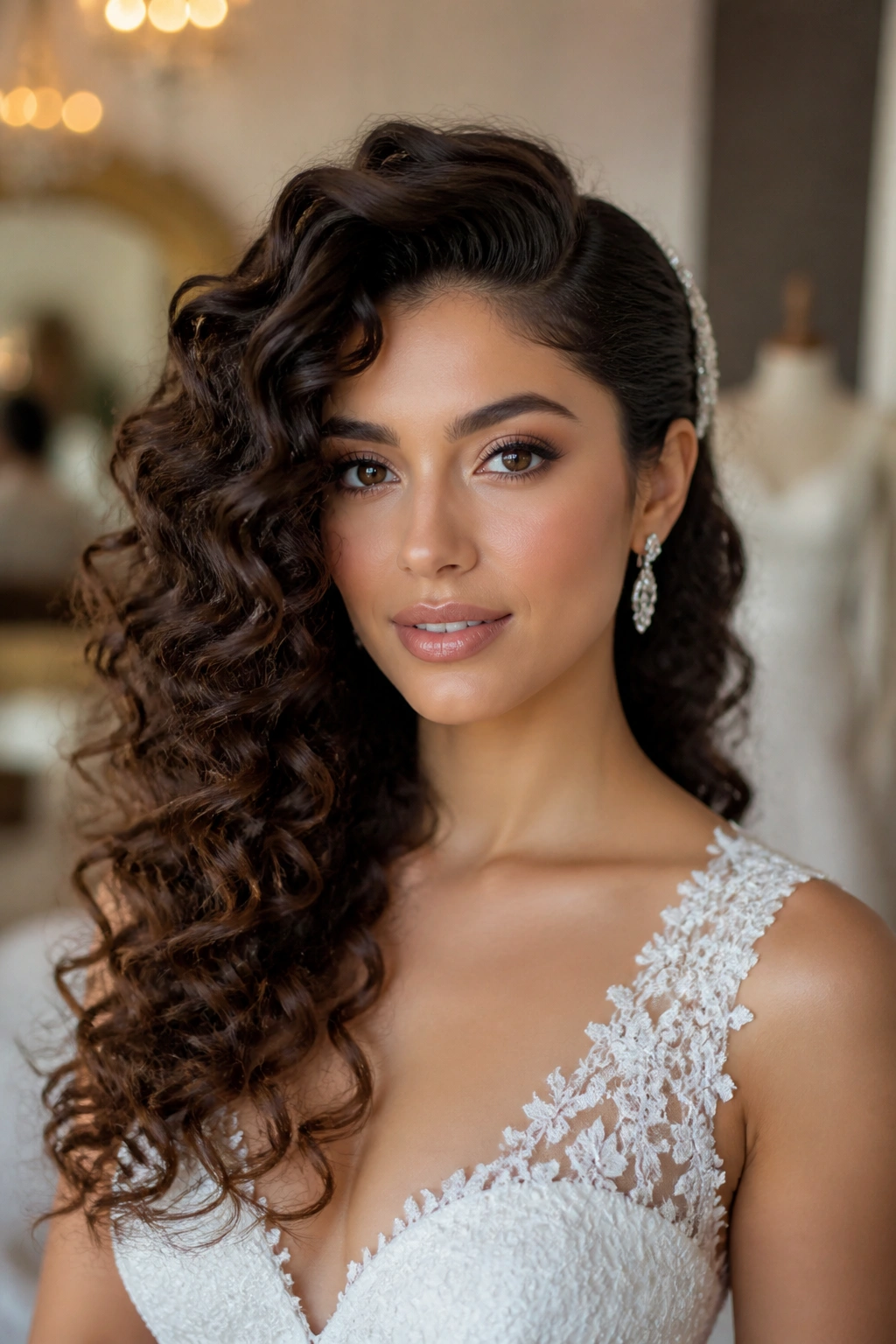 Close-up of a real bride with side-swept Hollywood curls