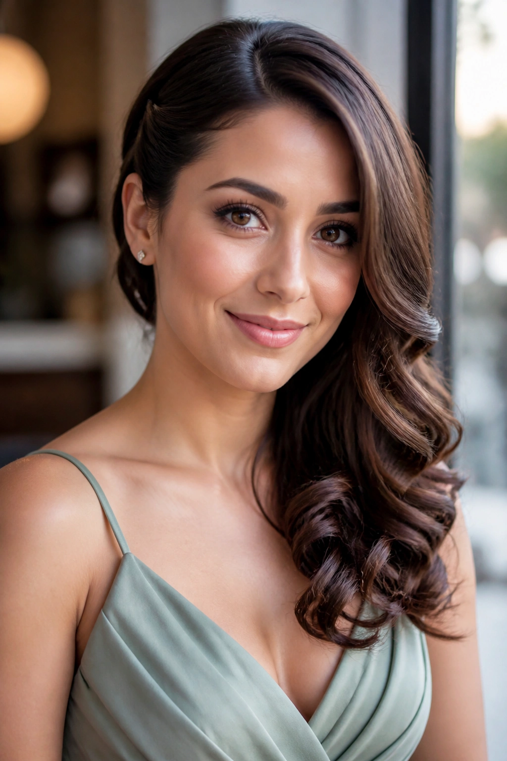 Woman with deep side part and side-swept soft curls