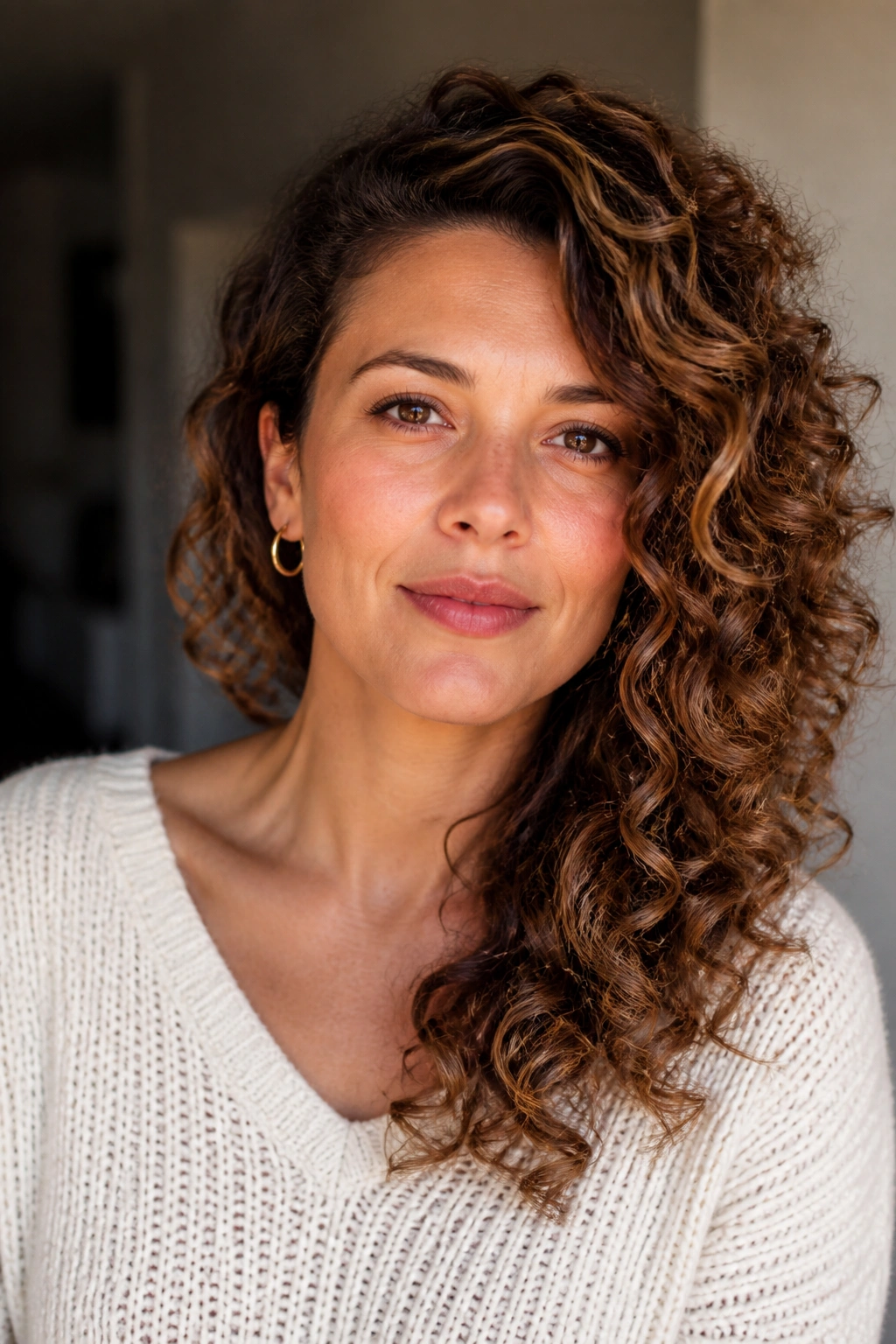 Close-up of side-swept curls cascading over a shoulder