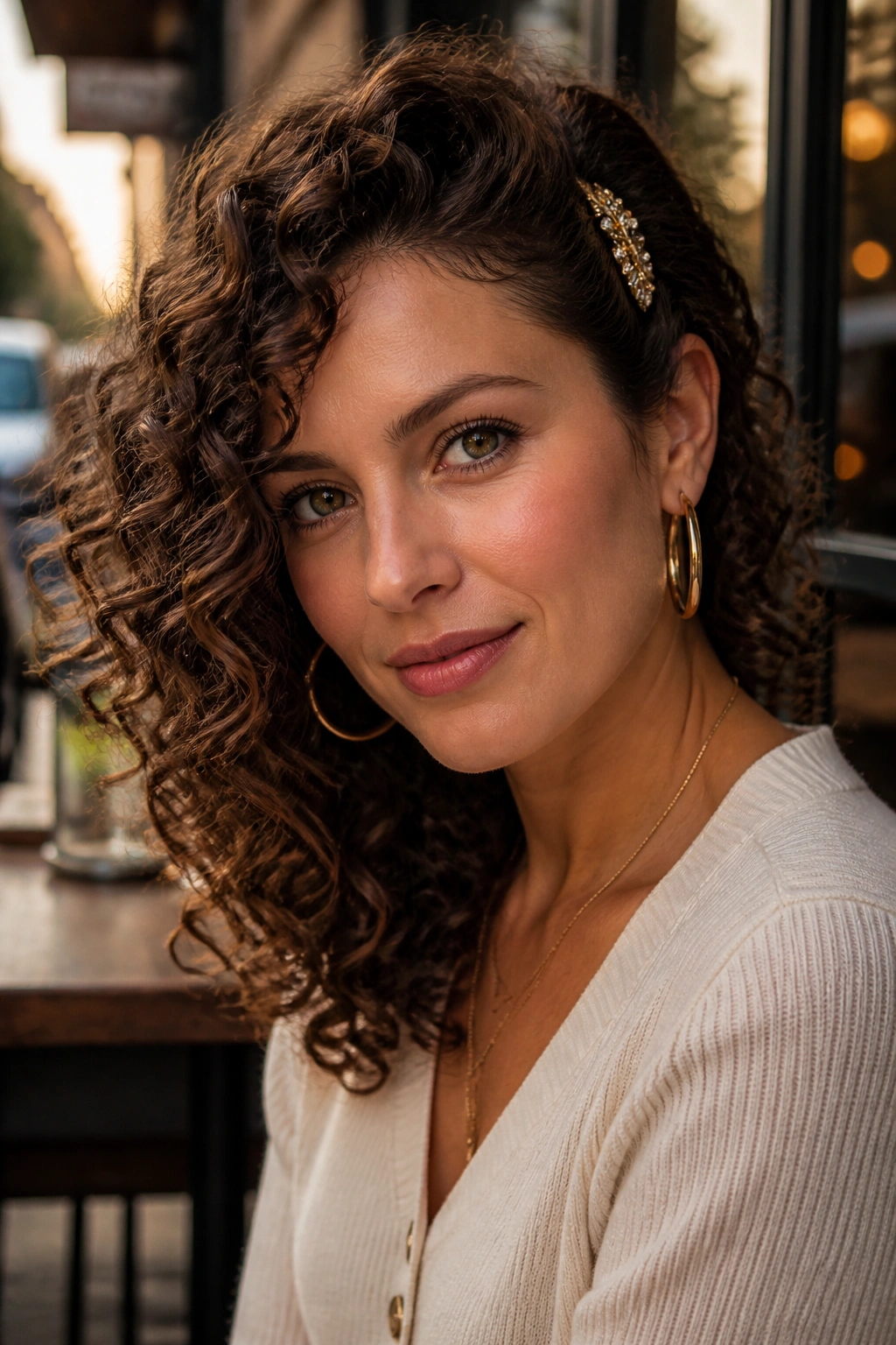 Real woman with side-swept curls and decorative clip