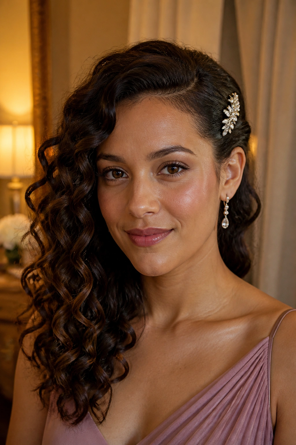 Close-up of a real woman with side-swept curls and a crystal clip
