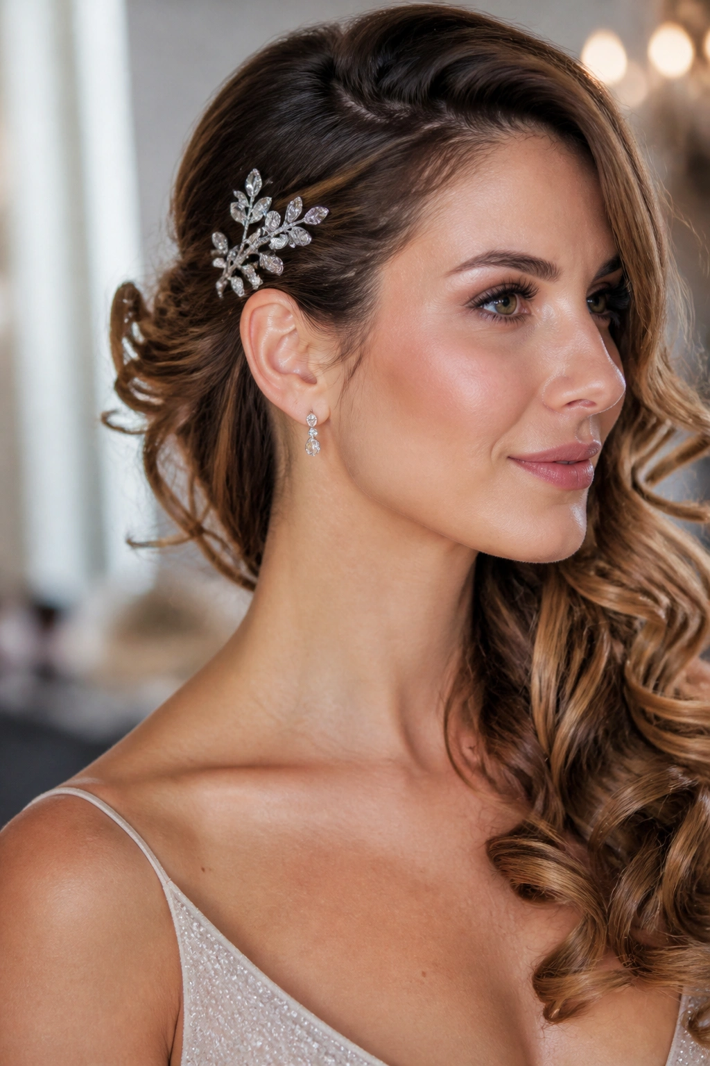 Close-up of real woman with side-swept curls and crystal pin near ear