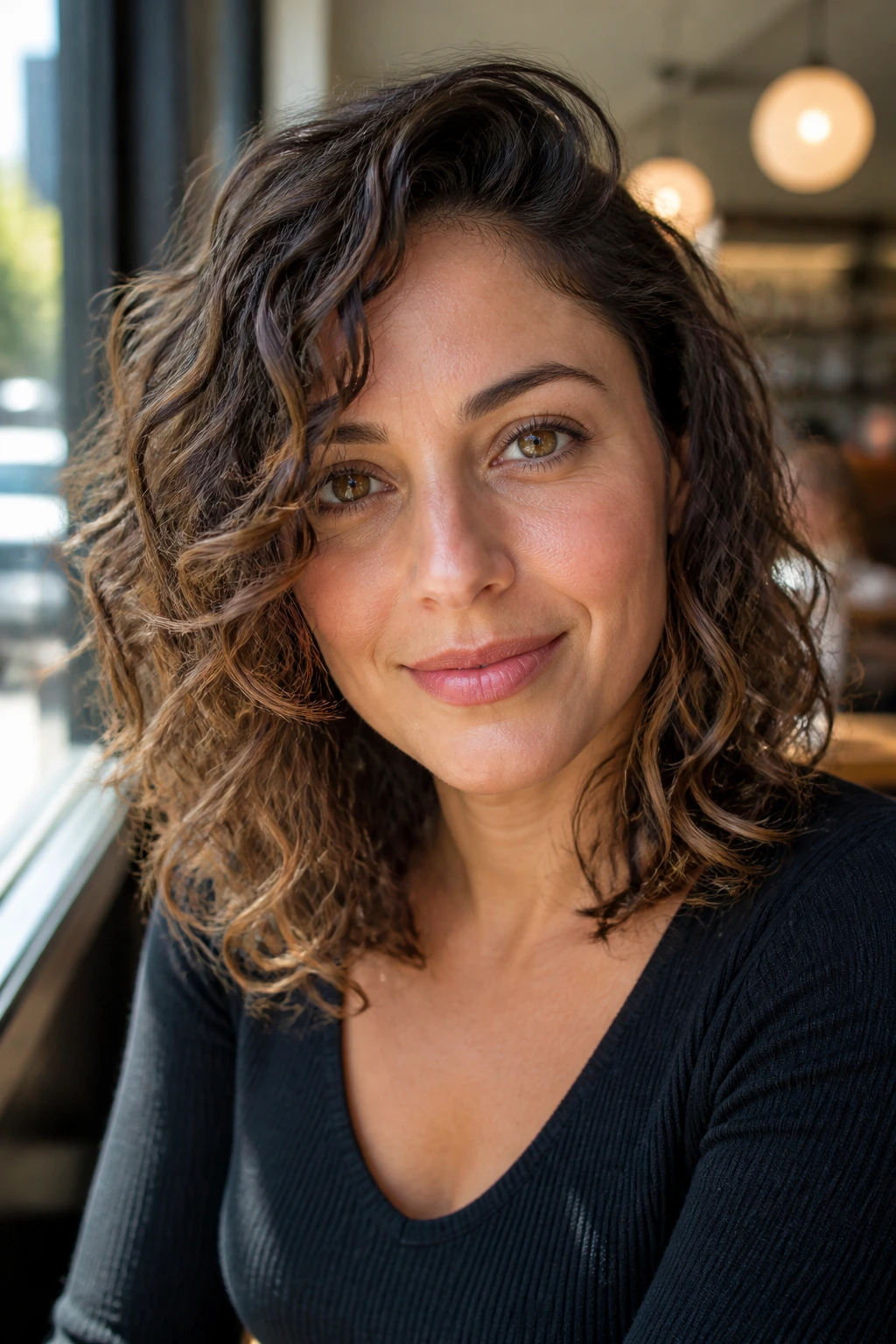 Close-up of a real woman with side-swept curls in natural cafe light