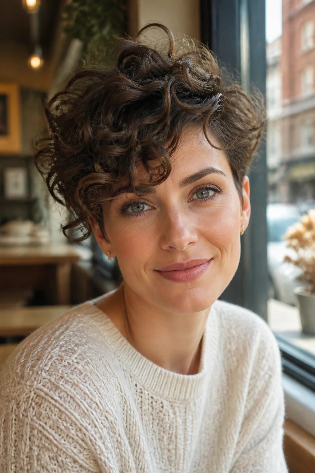 Front three-quarter portrait of a real woman with side-swept curly crop over the forehead