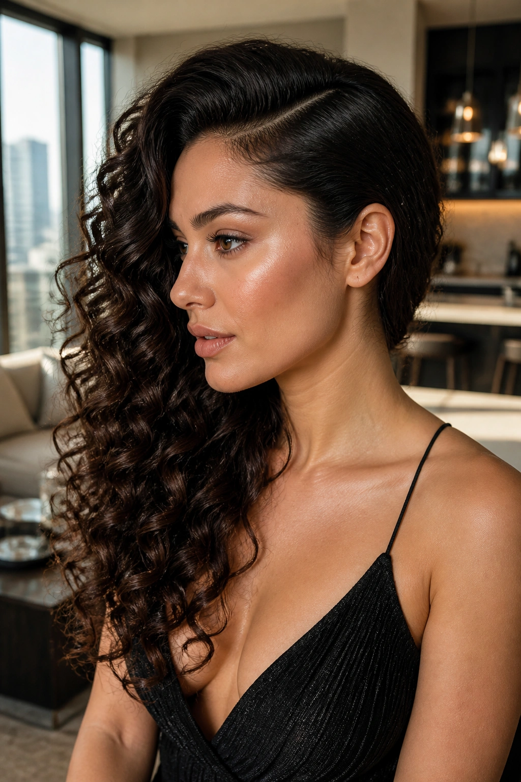 Side-profile of a real woman with side-swept glamorous curls