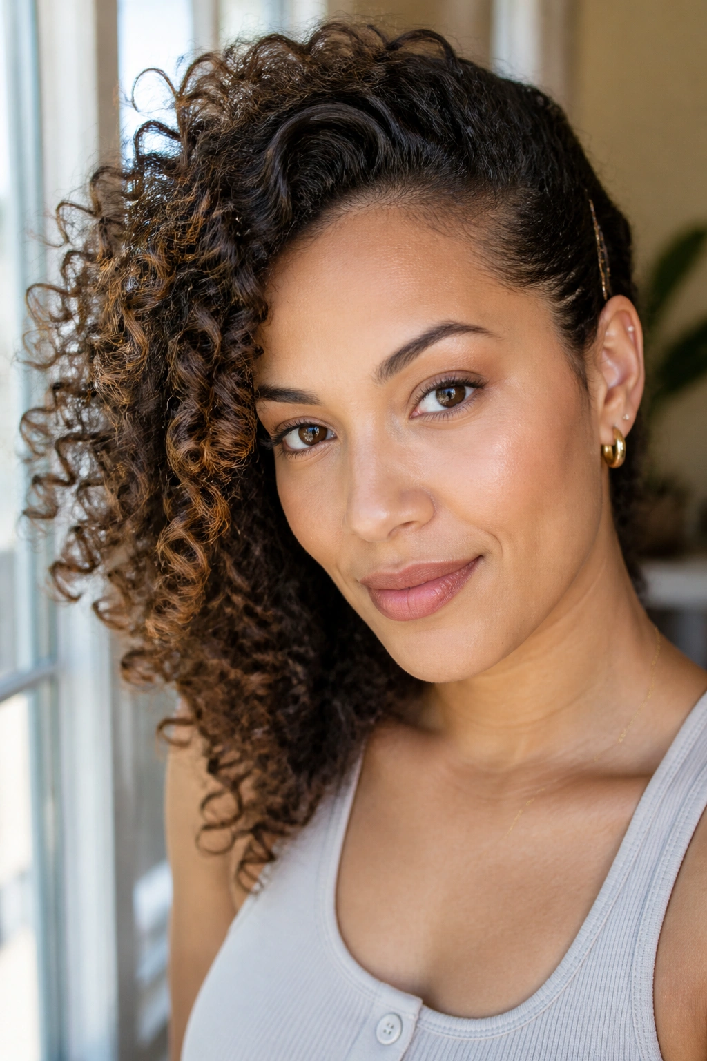 Real woman with side-swept medium curls for a softer hairline