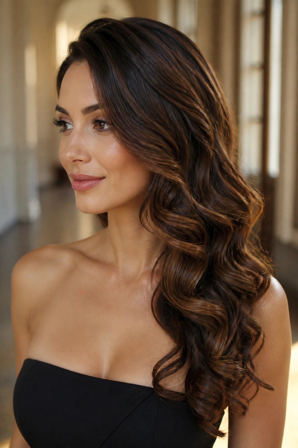 Portrait of woman with deep side-part and side-swept loose curls.