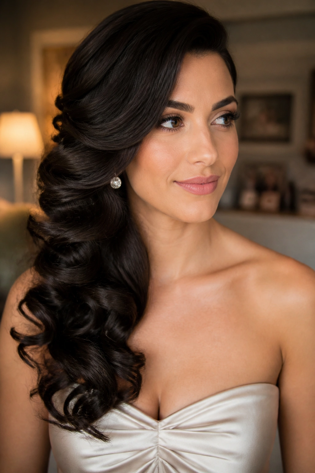 Real woman with side-swept curls over one shoulder