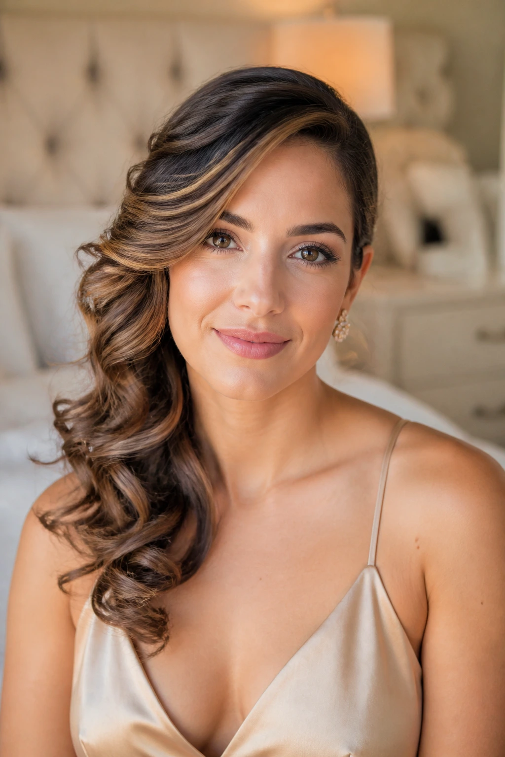 Close-up portrait of a real woman with side-swept glam curls
