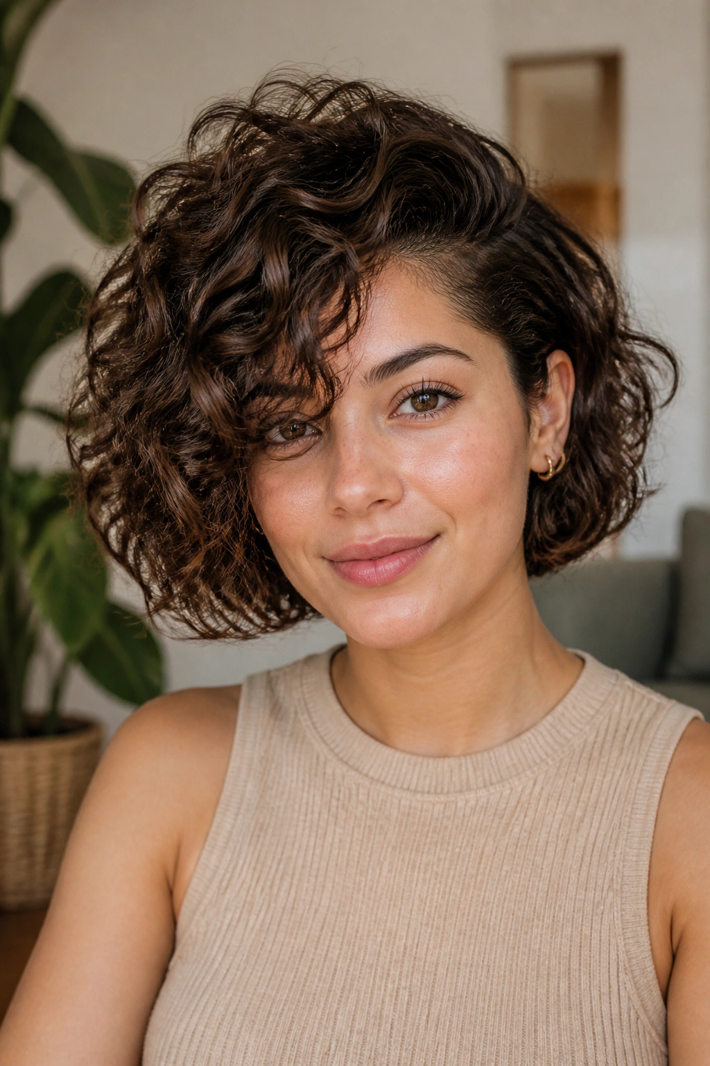 Medium close-up of a real person with a side-swept curly bob in natural light