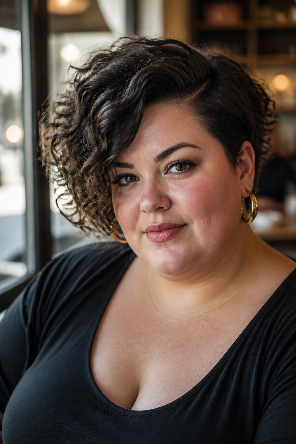 Close-up of a real woman wearing a side-swept curly bob.