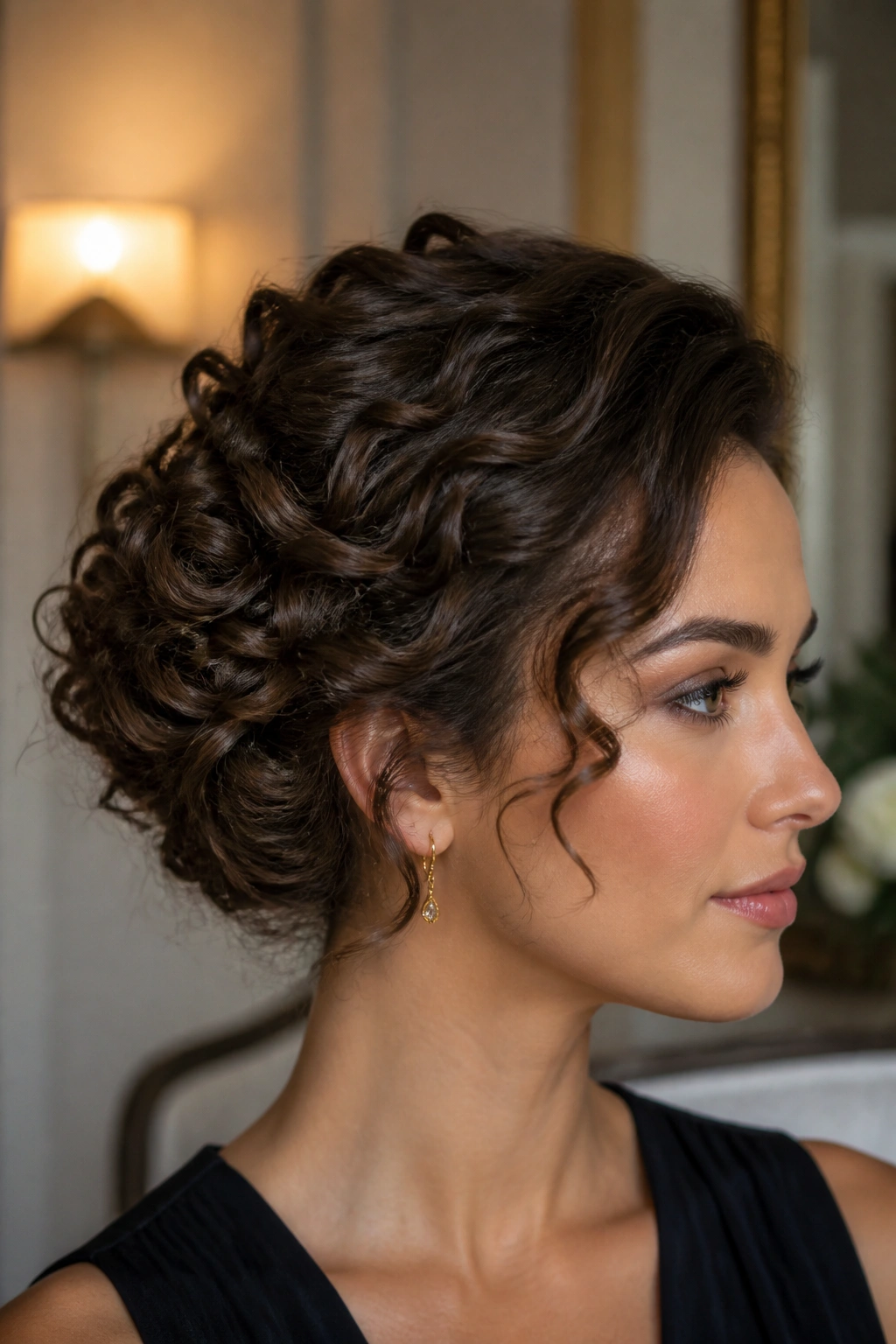 Real woman with curls swept to one side into a low chignon behind the ear.