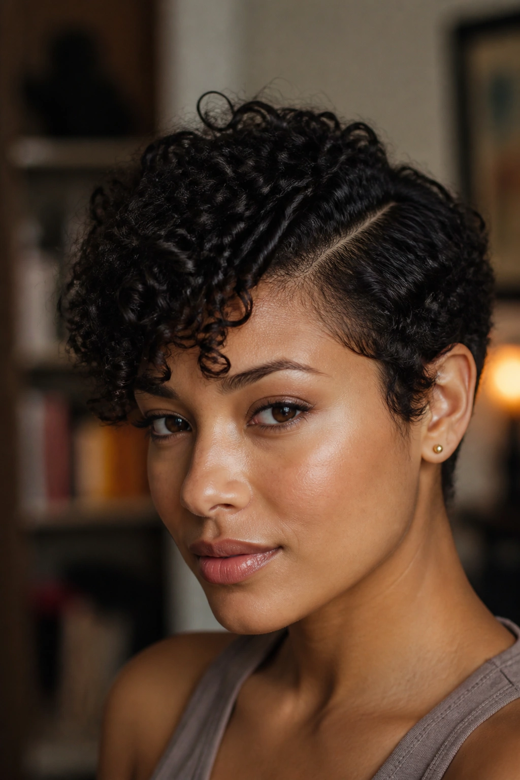Close-up of a real person with side-swept curly crop and deep part