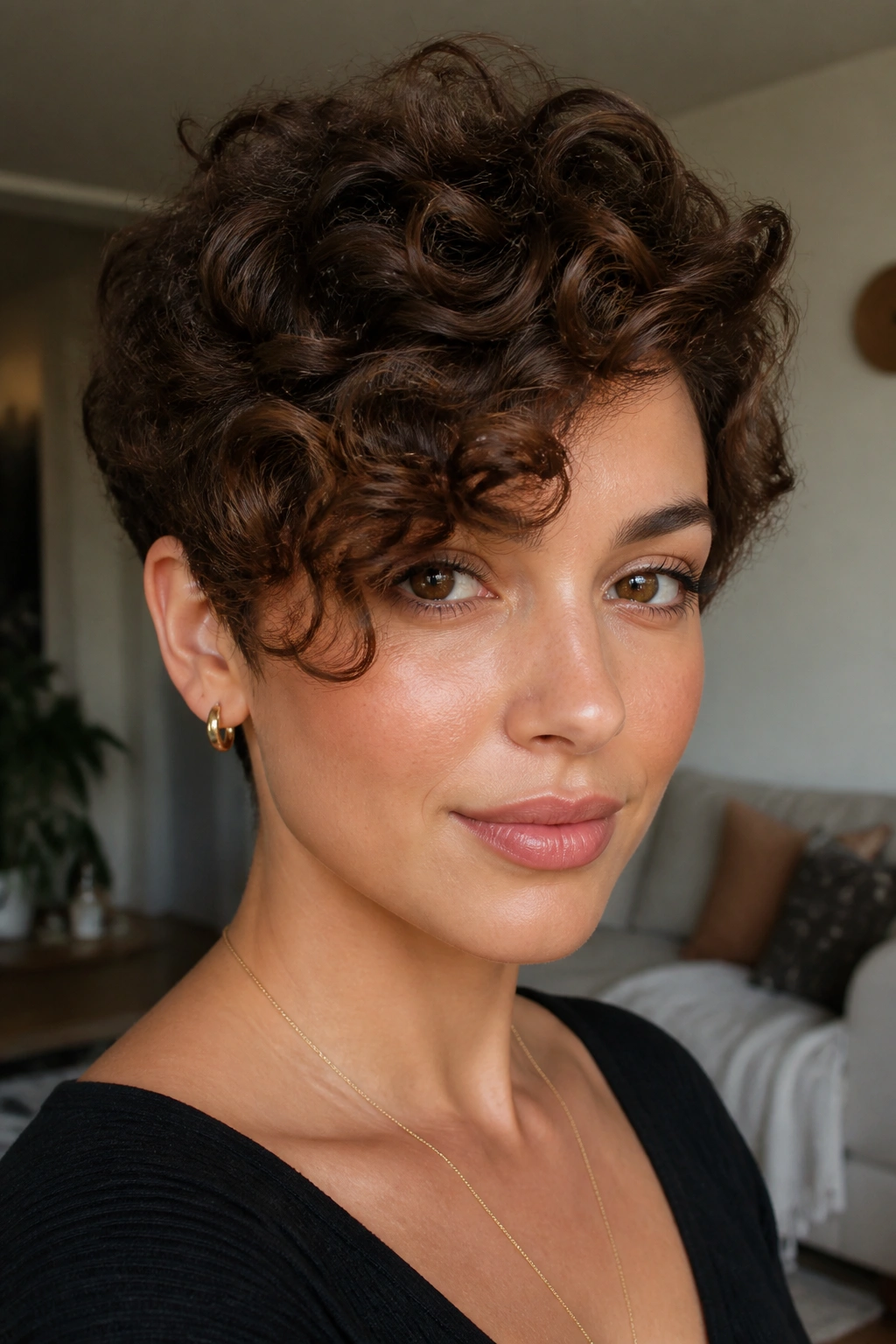 Close-up portrait of a real woman with a side-swept curly pixie framing the eyes