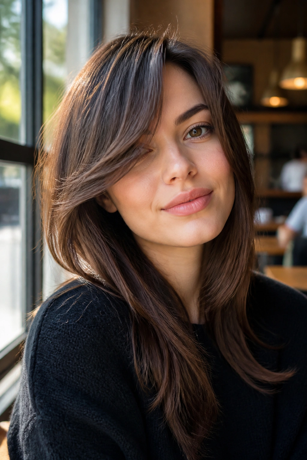 Close-up portrait of a real woman with side-swept curtain bangs in a sunlit cafe