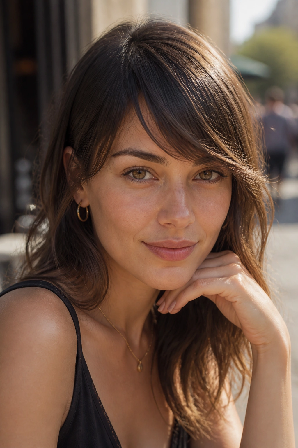 Close-up of a woman with side-swept diagonal bangs
